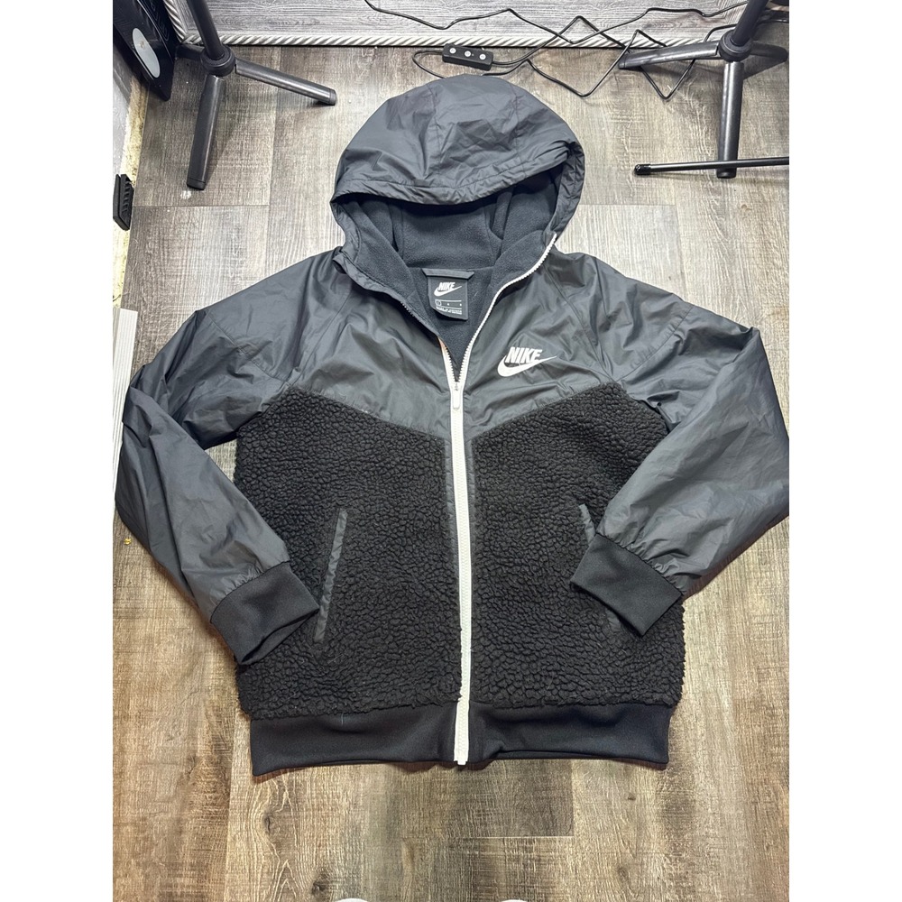 Nike Kids Black Sherpa Fleece Hybrid Full Zip Hoodie Jacket Windbreaker Large L